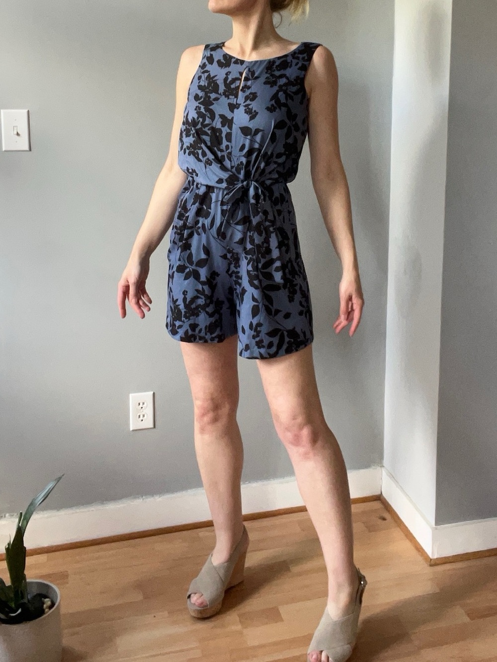 Calvin Klein Blue Floral Tie-Waist Romper